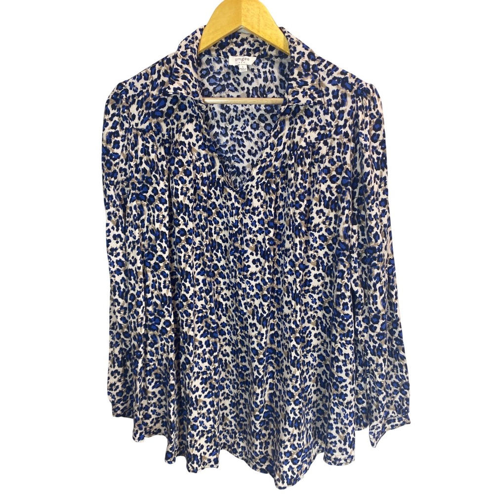 Umgee USA Womens Blouse Blue Leopard Print Long Sleeve V-Neck Pleated Large